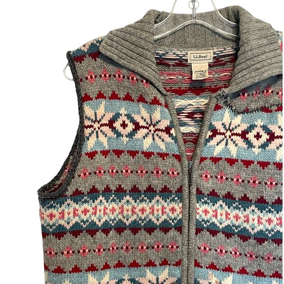 L.L. Bean Fair Isle Vest Womens Large Gray Multicolor Lambs Wool Full Zip Nordic - Picture 2 of 6